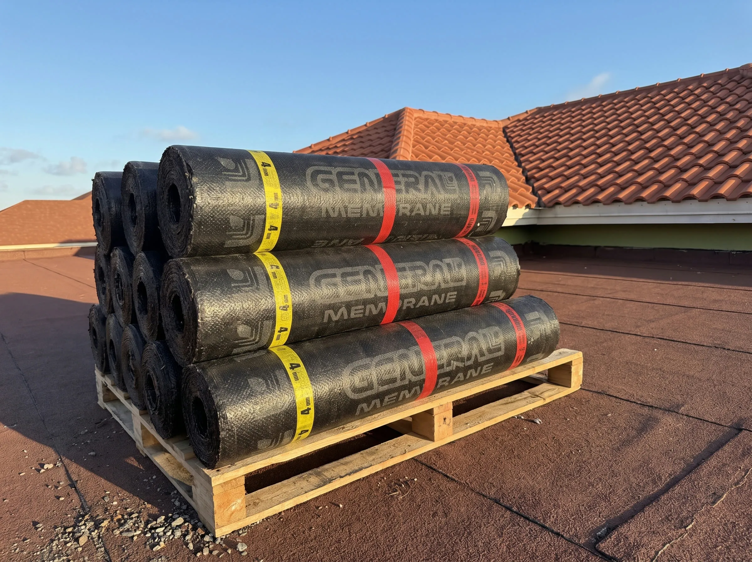 Stack of Virgo FC membrane rolls on a pallet, on site